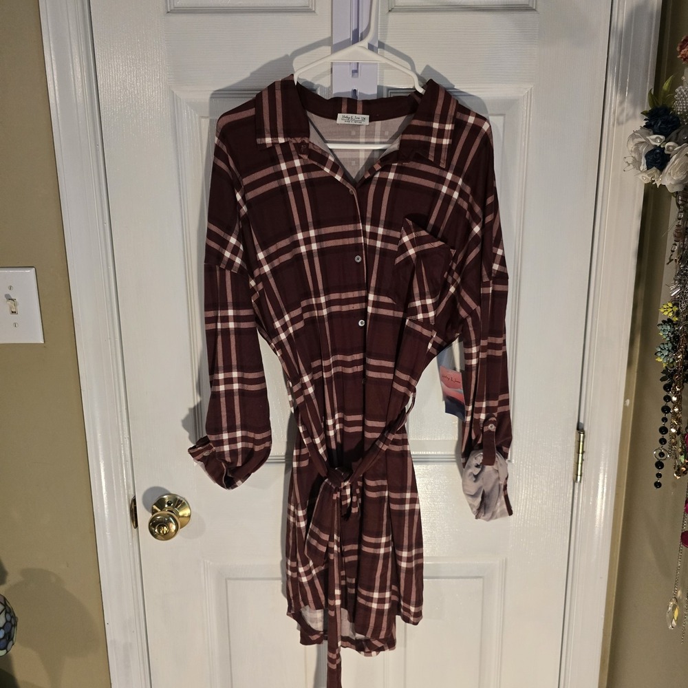 Haley & June Plaid Shirt Dress Burgundy White Long Sleeve Belted Size 2XL NEW